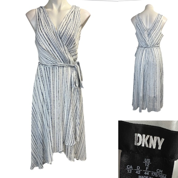 DKNY Dress Sz 12 blue white striped tie-waist faux wrap midi office church fall - Picture 1 of 5